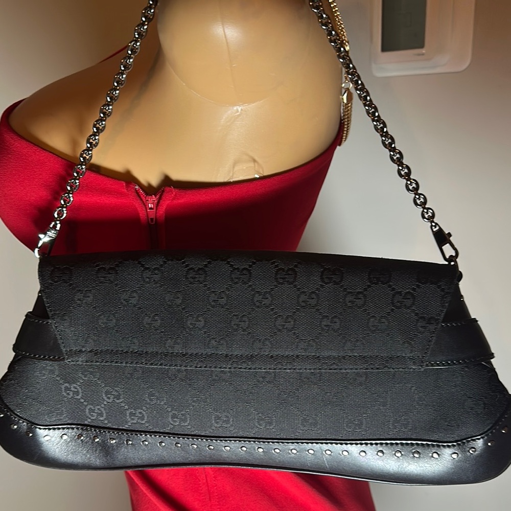 Vintage Gucci Black Horsebit  Monogram Shoulder Bag with Chain Strap - Picture 6 of 9
